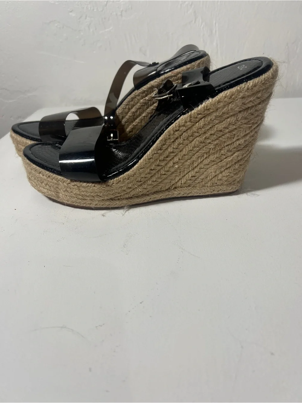 Black Espadrille Wedge Sandals with Jelly Ankle Strap